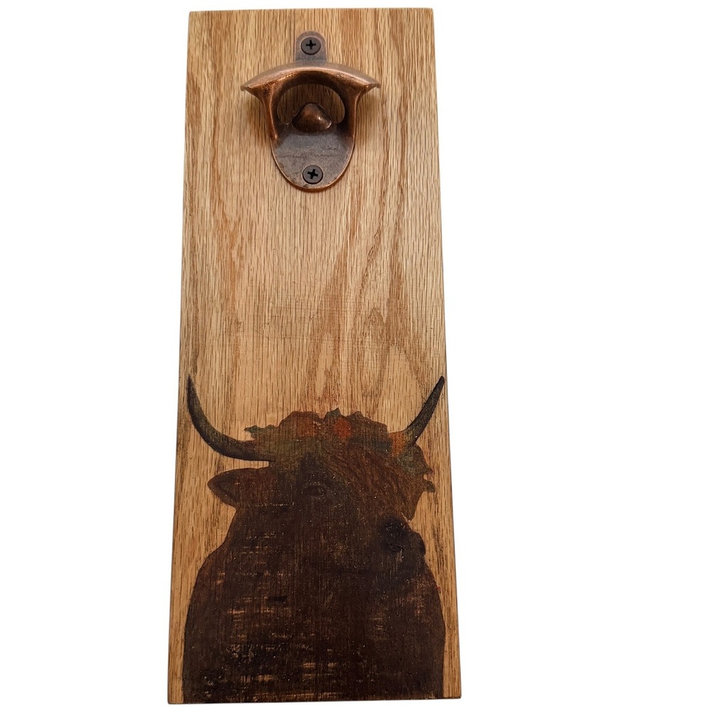 Longhorn Bull Bottle Opener Wall Mount Rustic Wood Beer Cap Catcher Man Cave